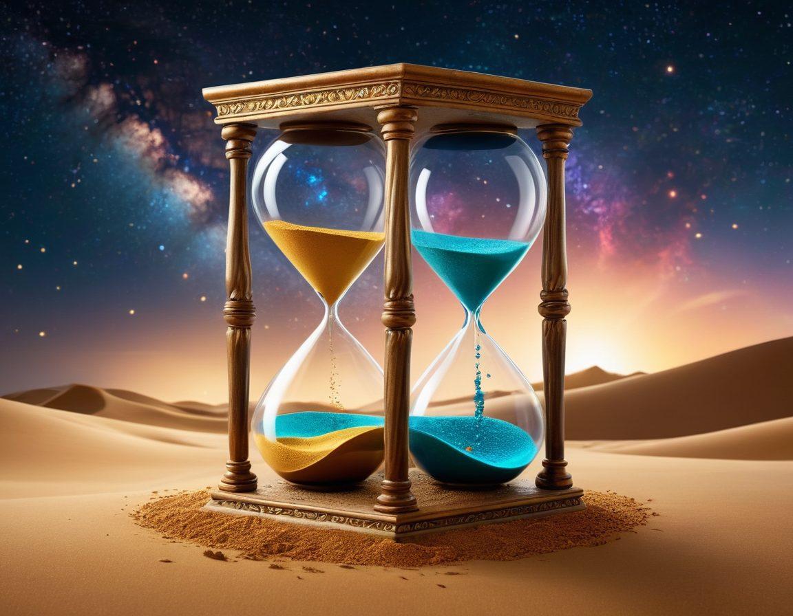 A magical hourglass transforming into a digital timeline, with vibrant scenes from different eras emerging from the sand. The hourglass is set against a cosmic backdrop that blends time periods, showcasing ancient scrolls alongside modern digital devices. Include symbols of storytelling like books, quills, and speech bubbles. The composition should convey the journey of storytelling through time, full of color and dynamic movement. super-realistic. vibrant colors. cosmic background.