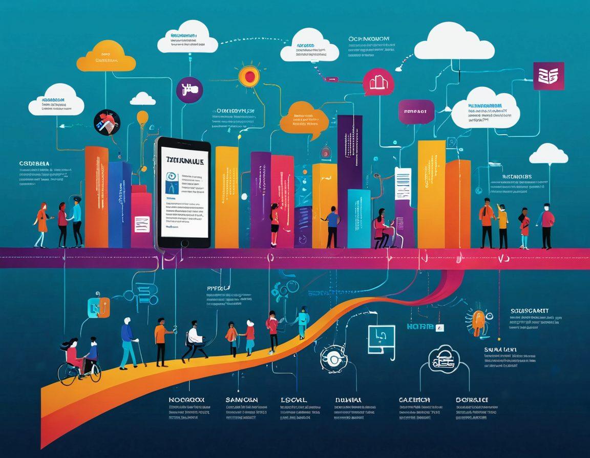 A visually striking timeline with vibrant illustrations representing key moments in a digital narrative, interspersed with icons symbolizing storytelling techniques such as books, screens, and speech bubbles. Include diverse figures engaging with digital devices, surrounded by colorful paths connecting events. The layout should be dynamic and inviting, encouraging viewers to explore the timeline. super-realistic. vibrant colors. 3D.